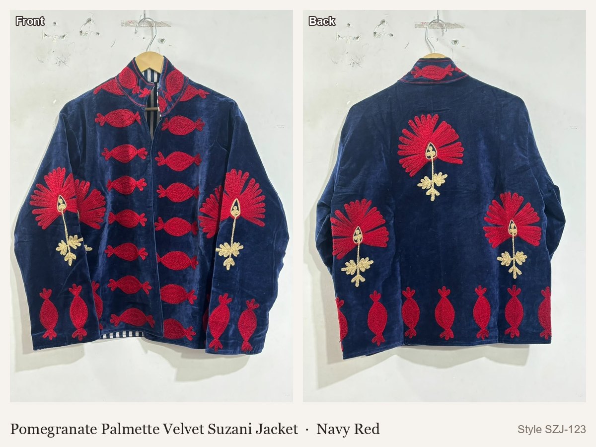 Pomegranate Palmette Velvet Suzani Jacket in Navy Red, front and back