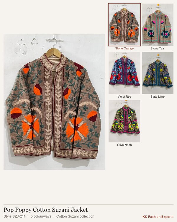 Pop Poppy Cotton Suzani Jacket, style SZJ-211, shown in 5 colourways