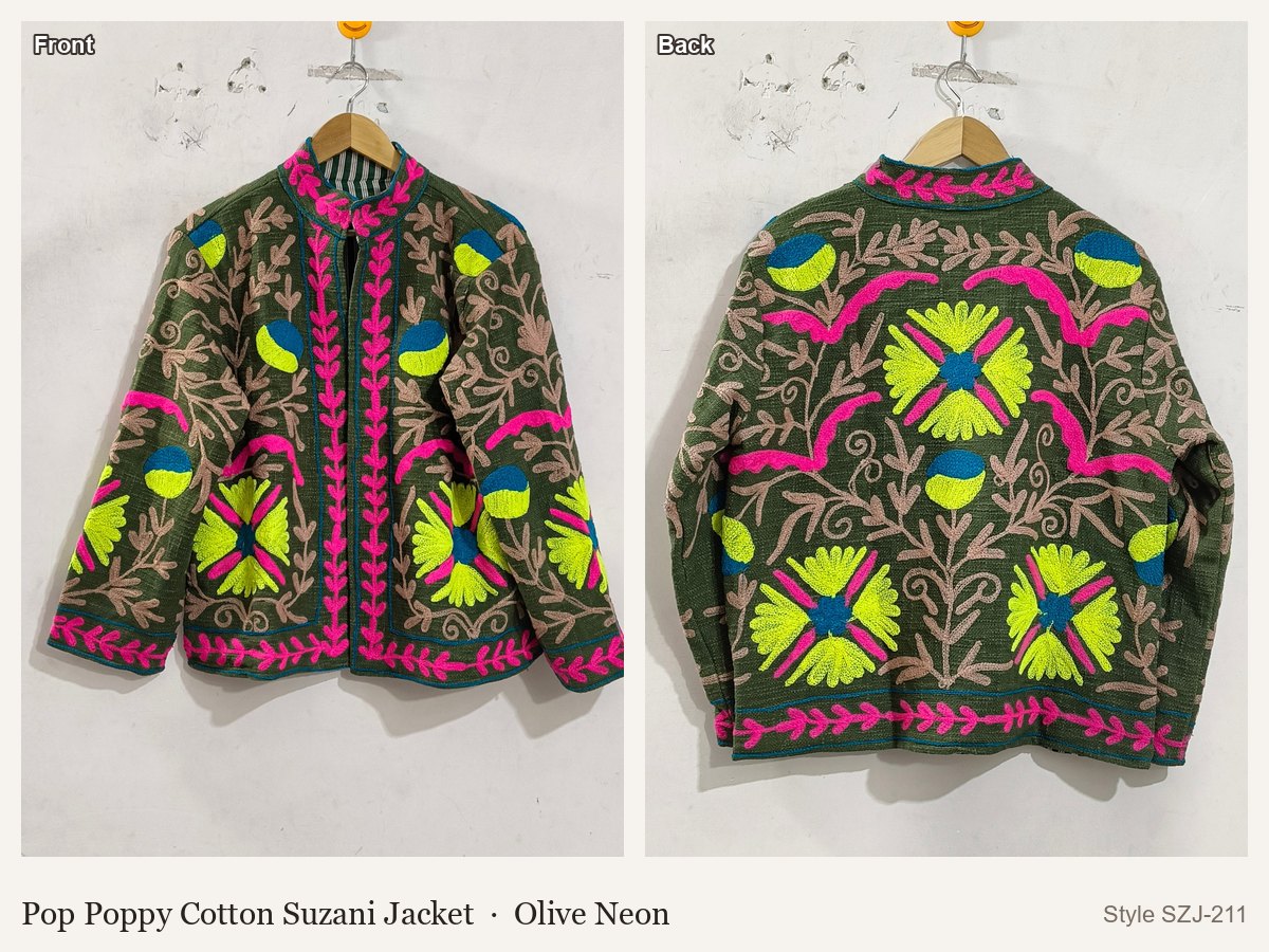 Pop Poppy Cotton Suzani Jacket in Olive Neon, front and back