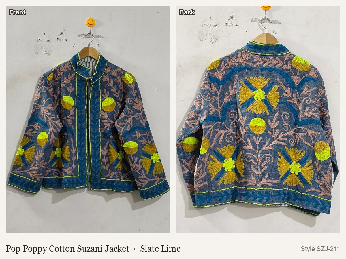 Pop Poppy Cotton Suzani Jacket in Slate Lime, front and back