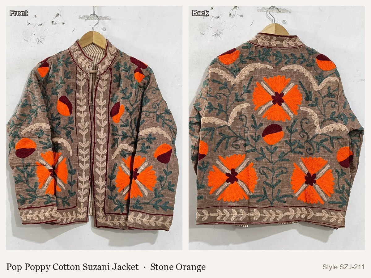 Pop Poppy Cotton Suzani Jacket in Stone Orange, front and back