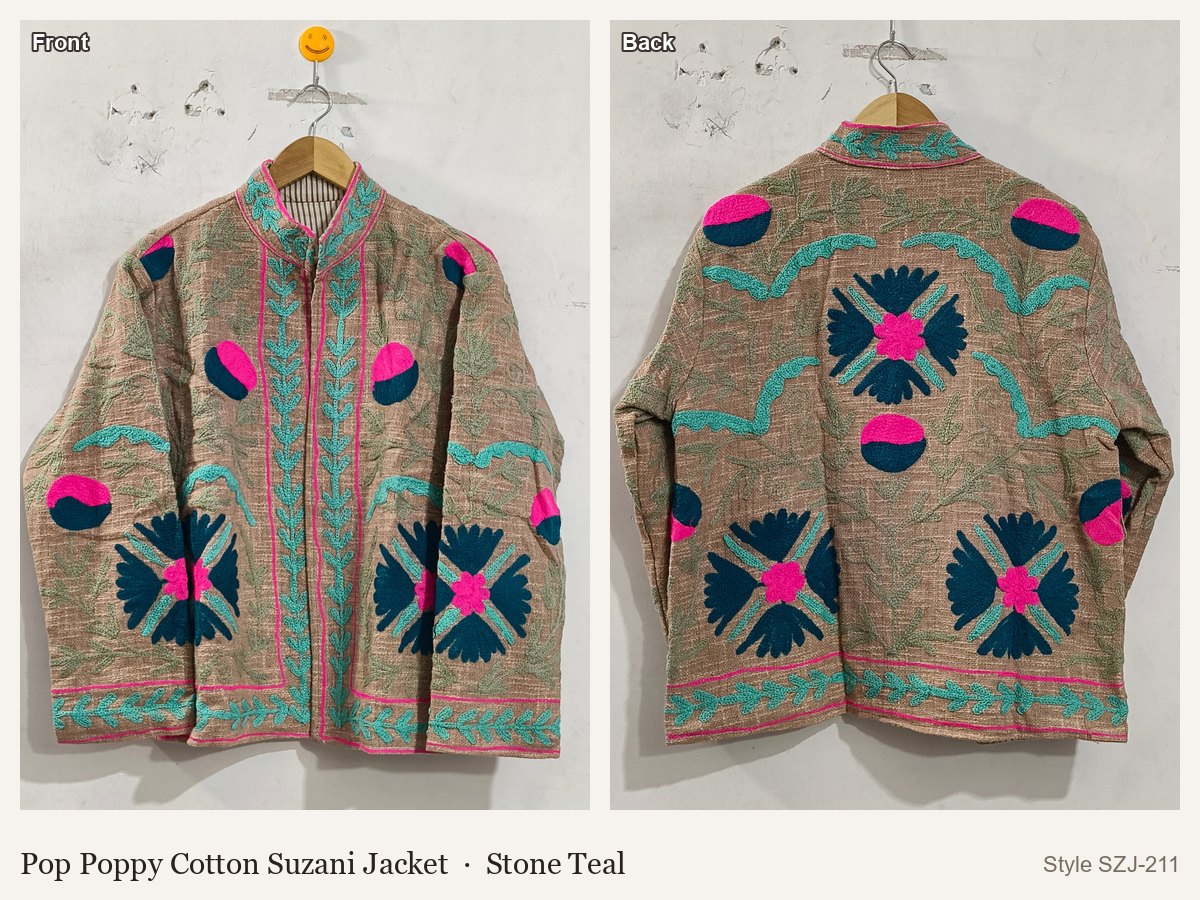 Pop Poppy Cotton Suzani Jacket in Stone Teal, front and back