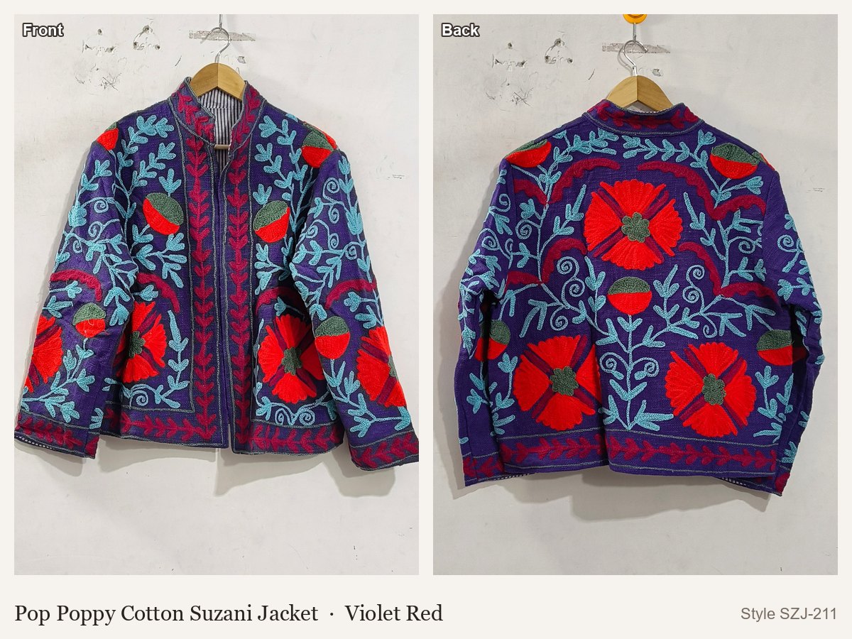 Pop Poppy Cotton Suzani Jacket in Violet Red, front and back