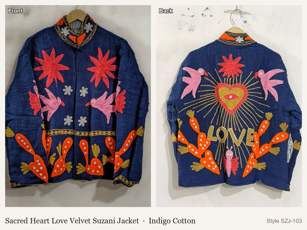 Sacred Heart Love Velvet Suzani Jacket in Indigo Cotton, front and back