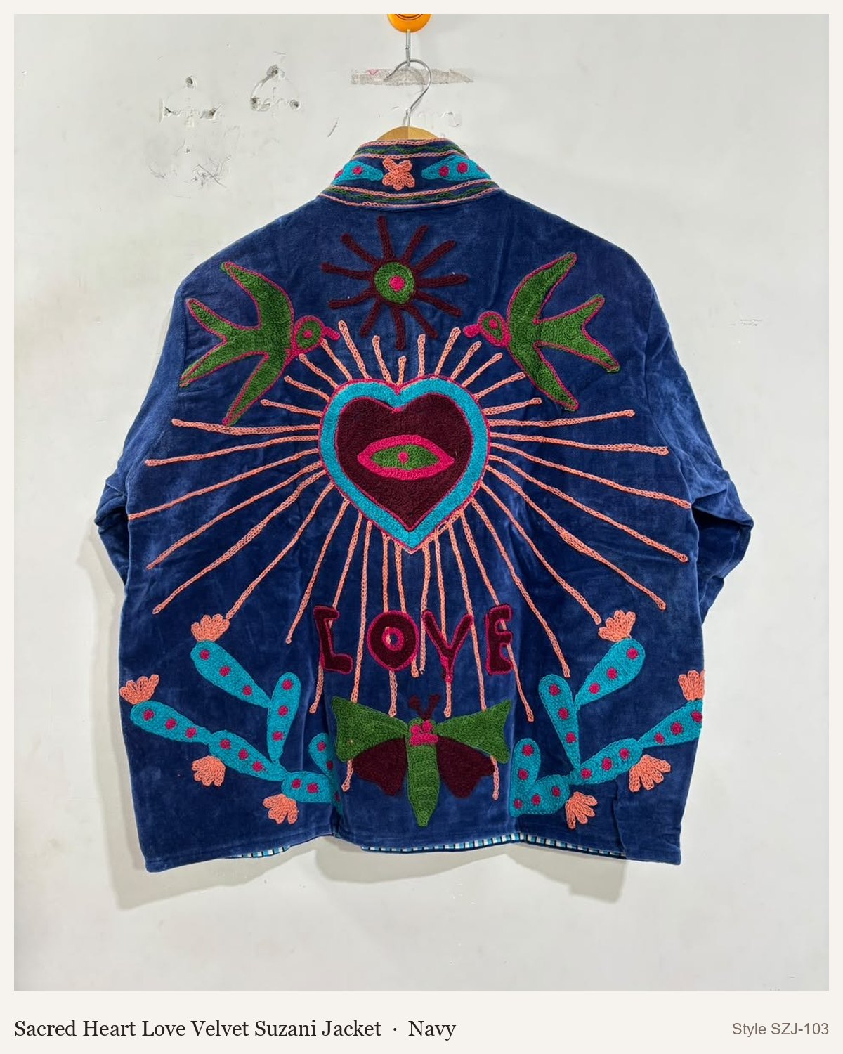 Sacred Heart Love Velvet Suzani Jacket in Navy, front and back
