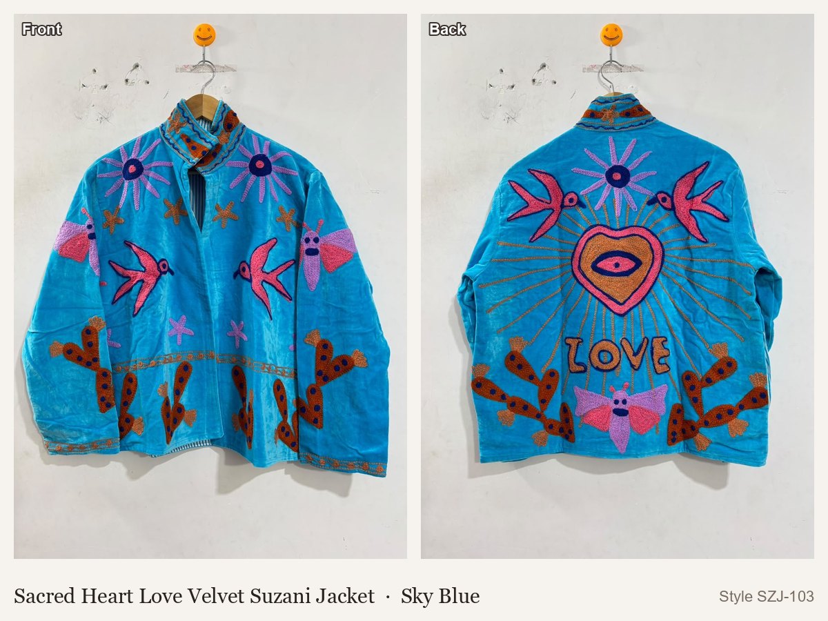 Sacred Heart Love Velvet Suzani Jacket in Sky Blue, front and back