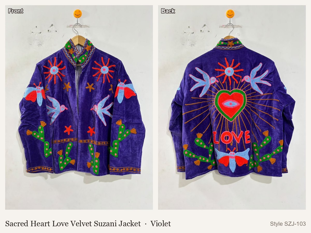 Sacred Heart Love Velvet Suzani Jacket in Violet, front and back