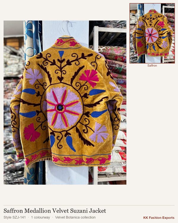 Saffron Medallion Velvet Suzani Jacket, style SZJ-141, shown in 1 colourways
