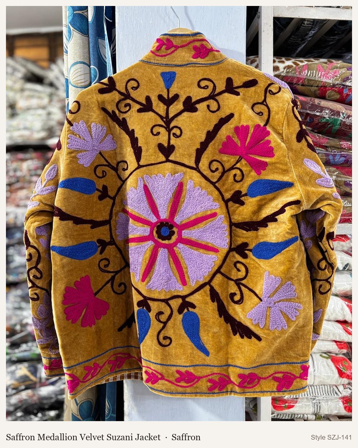 Saffron Medallion Velvet Suzani Jacket in Saffron, front and back