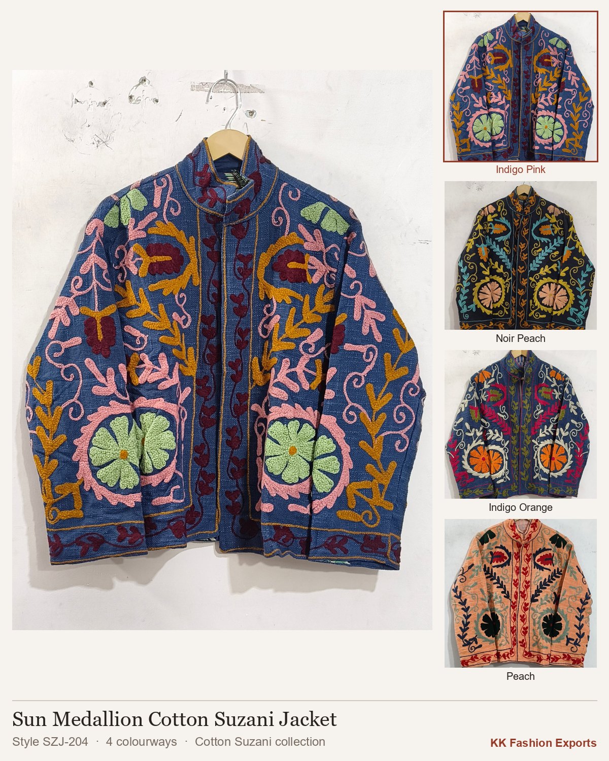 Sun Medallion Cotton Suzani Jacket, style SZJ-204, shown in 4 colourways