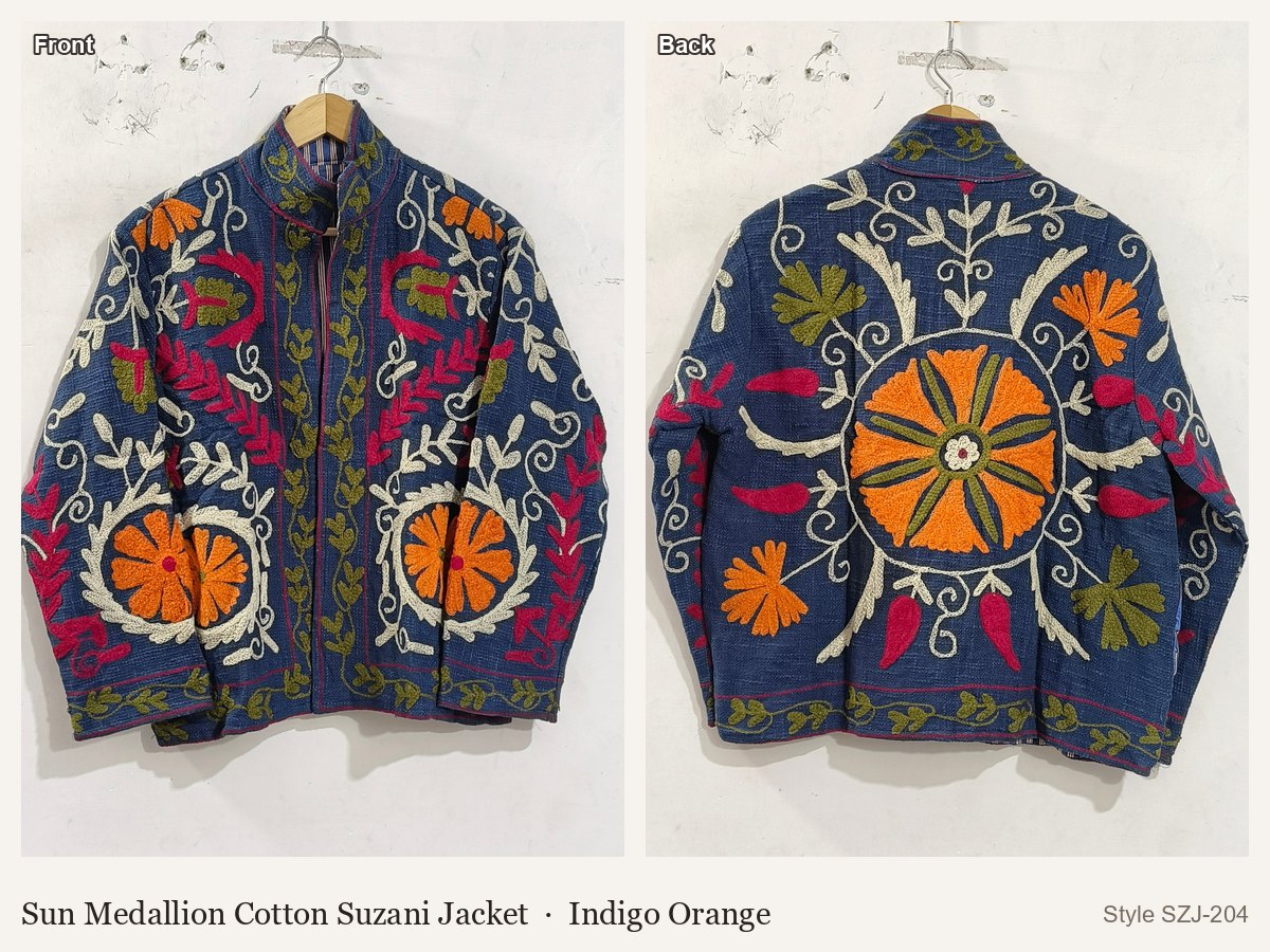 Sun Medallion Cotton Suzani Jacket in Indigo Orange, front and back