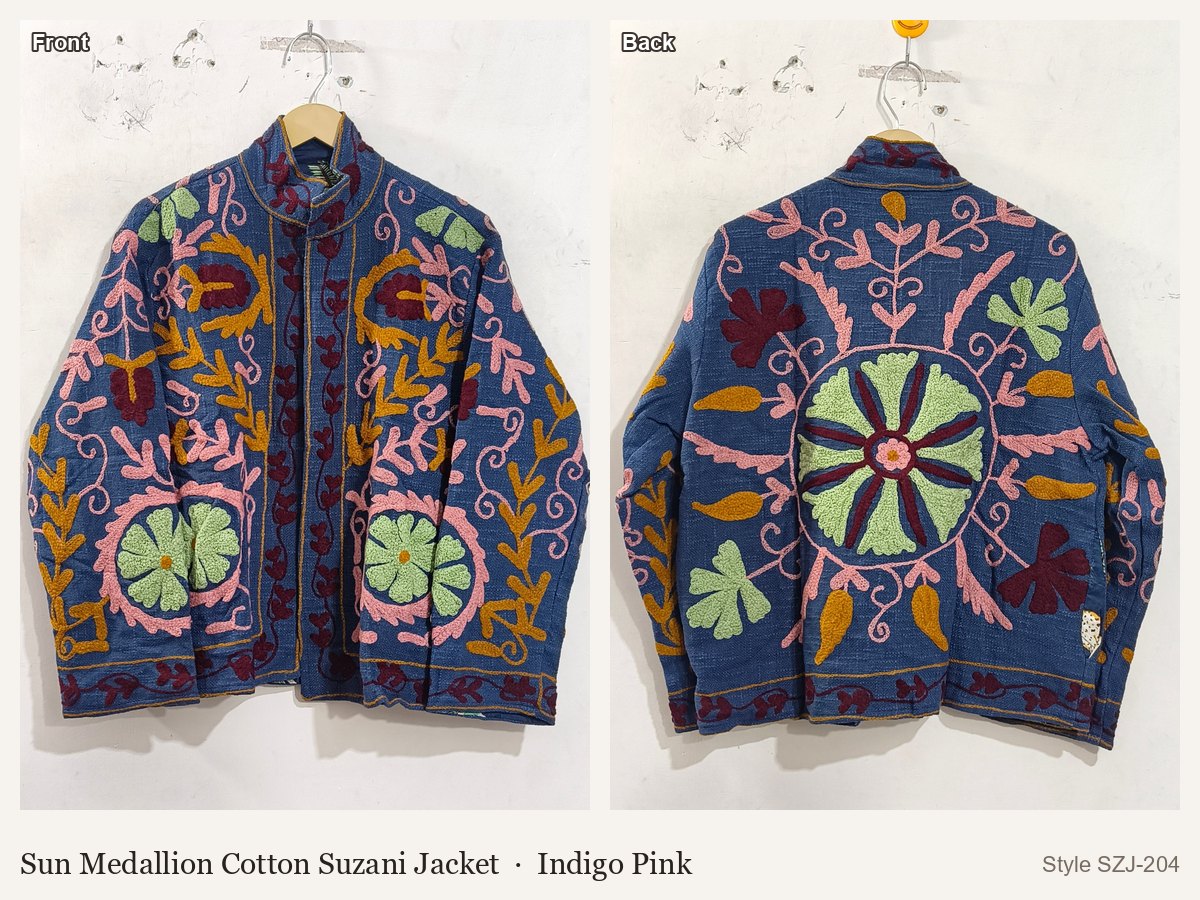 Sun Medallion Cotton Suzani Jacket in Indigo Pink, front and back