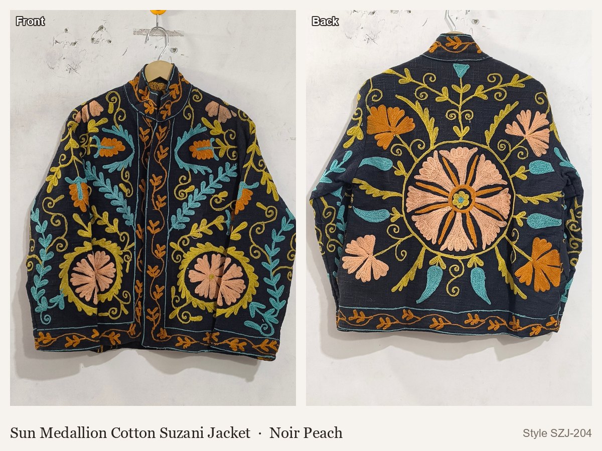 Sun Medallion Cotton Suzani Jacket in Noir Peach, front and back