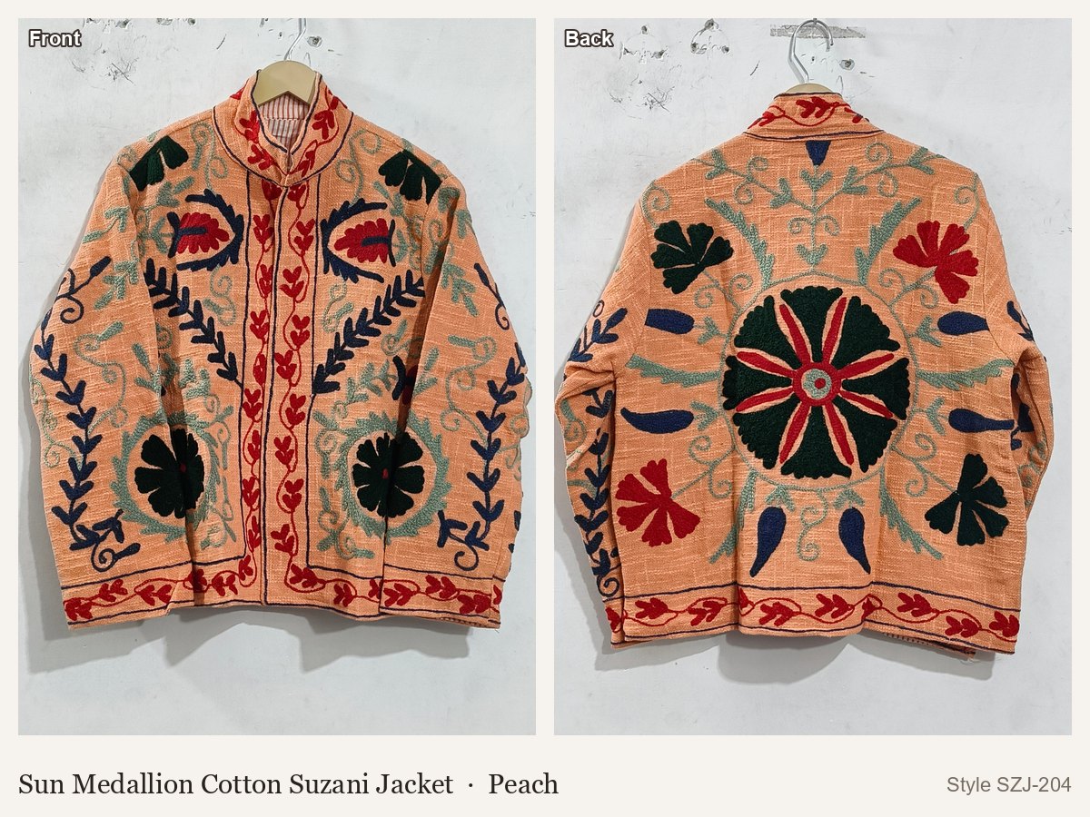 Sun Medallion Cotton Suzani Jacket in Peach, front and back