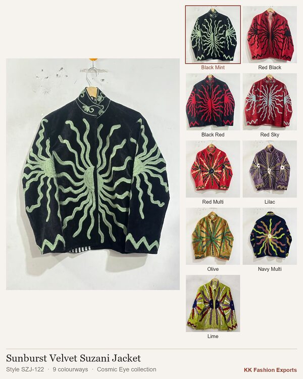 Sunburst Velvet Suzani Jacket, style SZJ-122, shown in 9 colourways
