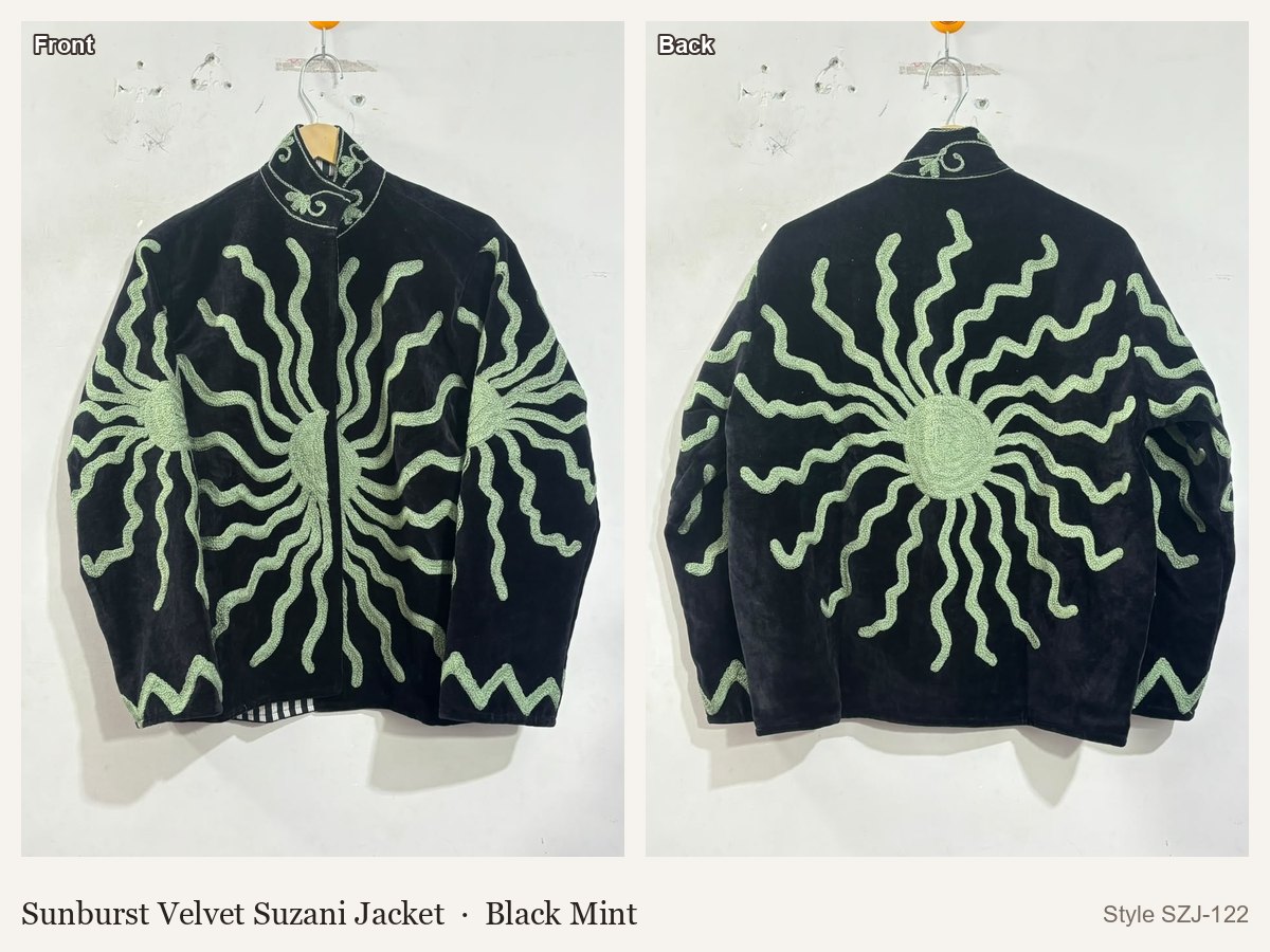 Sunburst Velvet Suzani Jacket in Black Mint, front and back