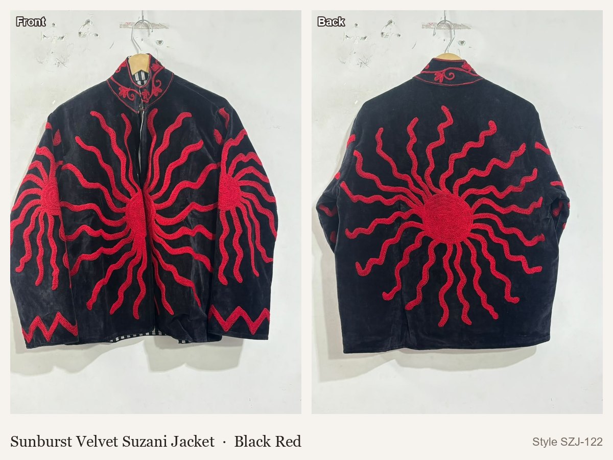Sunburst Velvet Suzani Jacket in Black Red, front and back