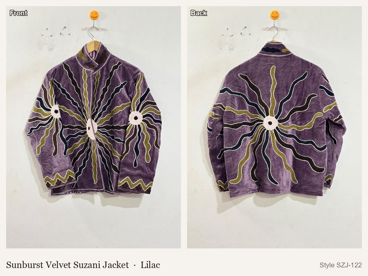Sunburst Velvet Suzani Jacket in Lilac, front and back