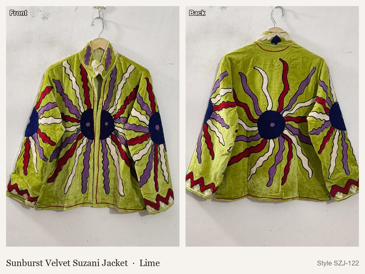 Sunburst Velvet Suzani Jacket in Lime, front and back