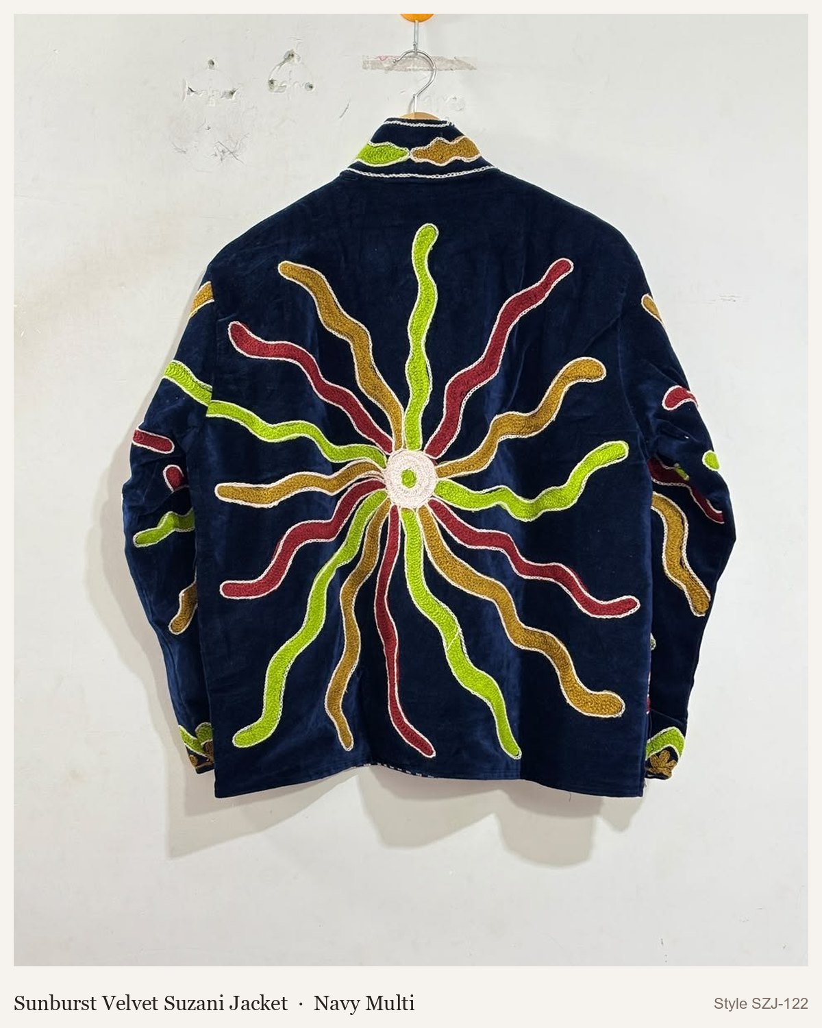 Sunburst Velvet Suzani Jacket in Navy Multi, front and back
