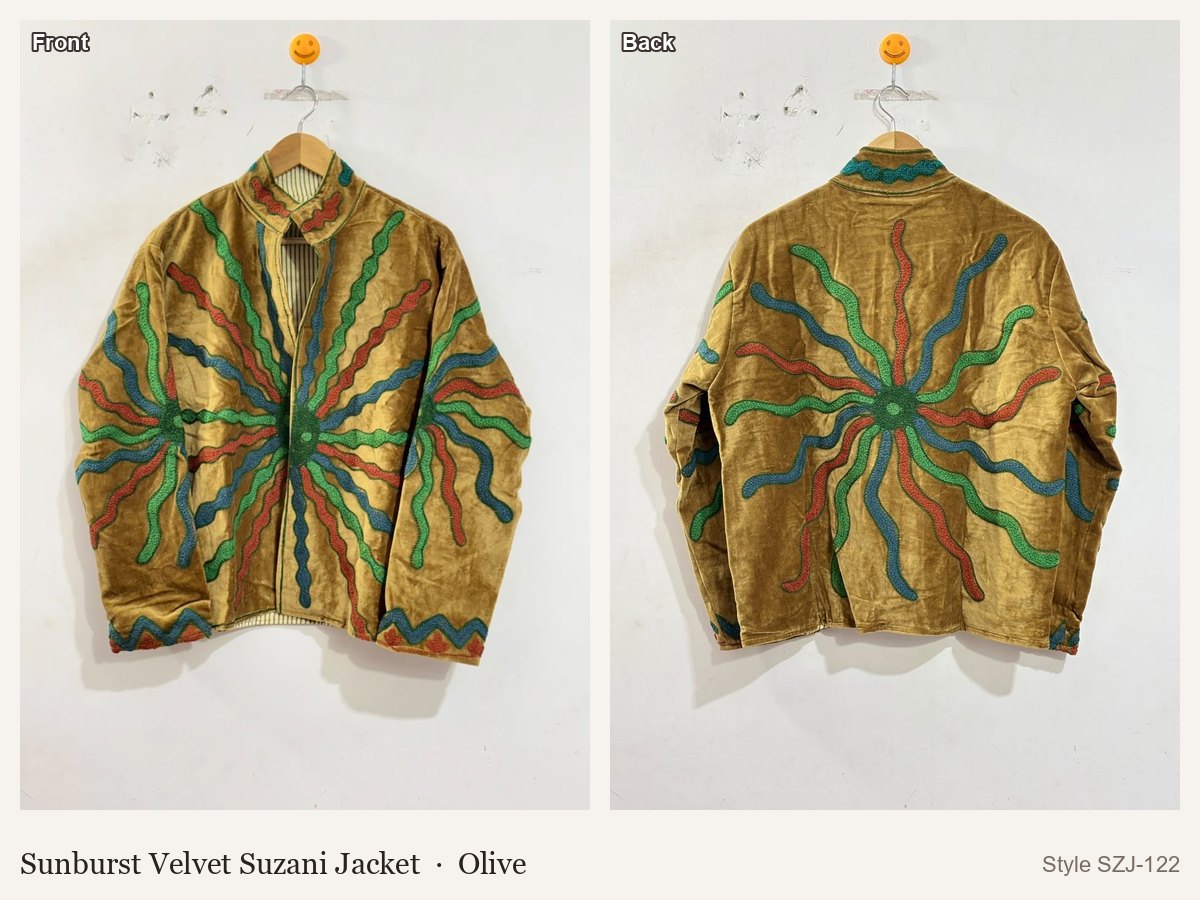 Sunburst Velvet Suzani Jacket in Olive, front and back