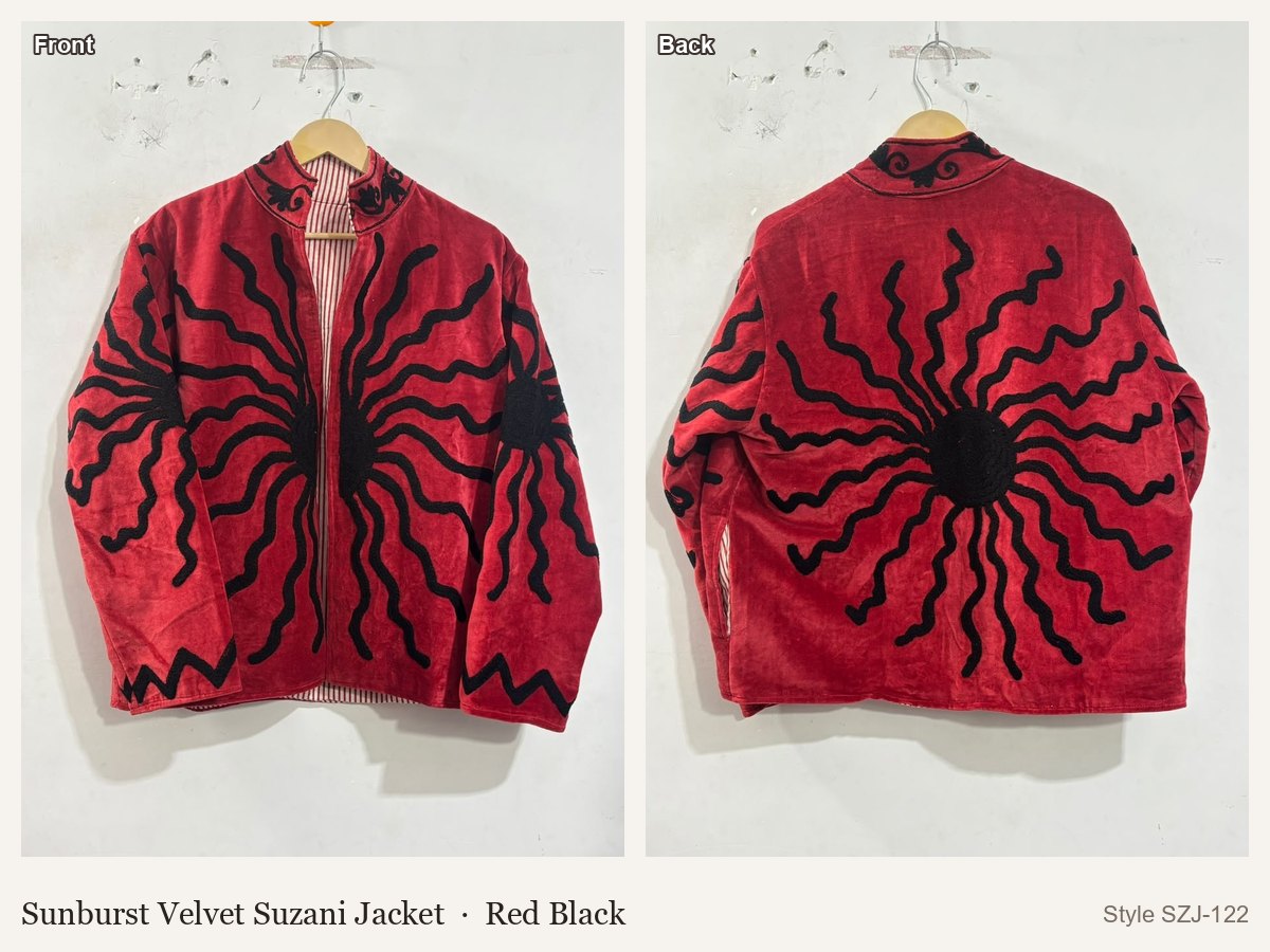 Sunburst Velvet Suzani Jacket in Red Black, front and back