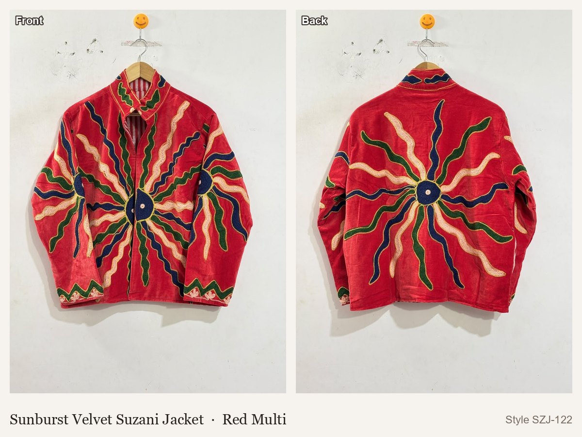 Sunburst Velvet Suzani Jacket in Red Multi, front and back