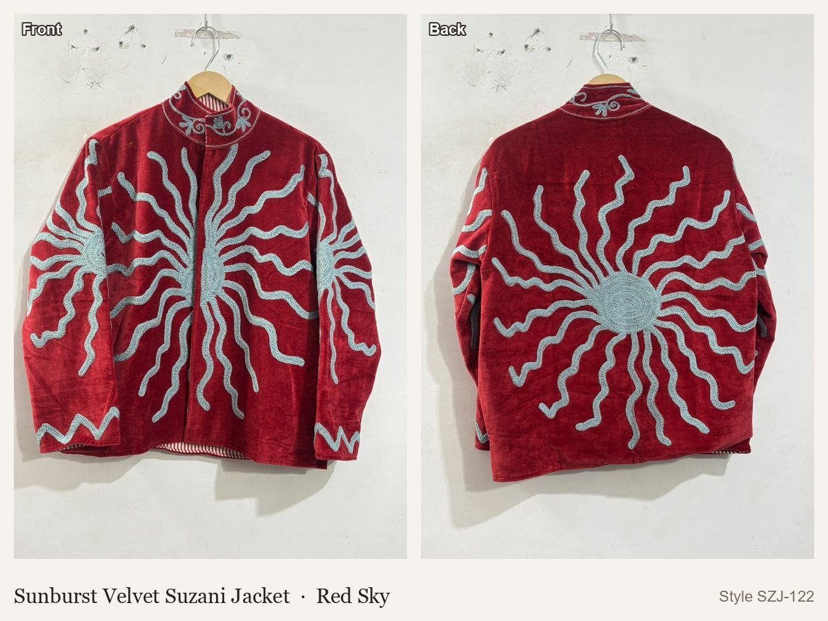 Sunburst Velvet Suzani Jacket in Red Sky, front and back