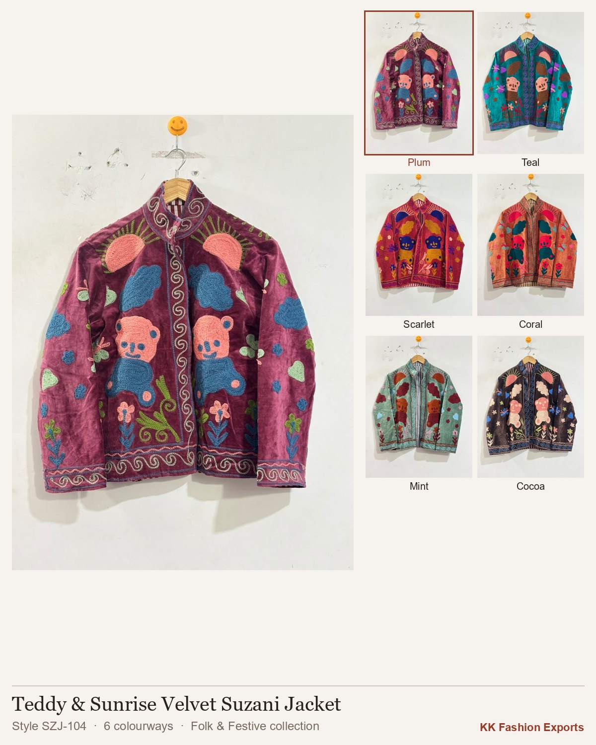 Teddy & Sunrise Velvet Suzani Jacket, style SZJ-104, shown in 6 colourways