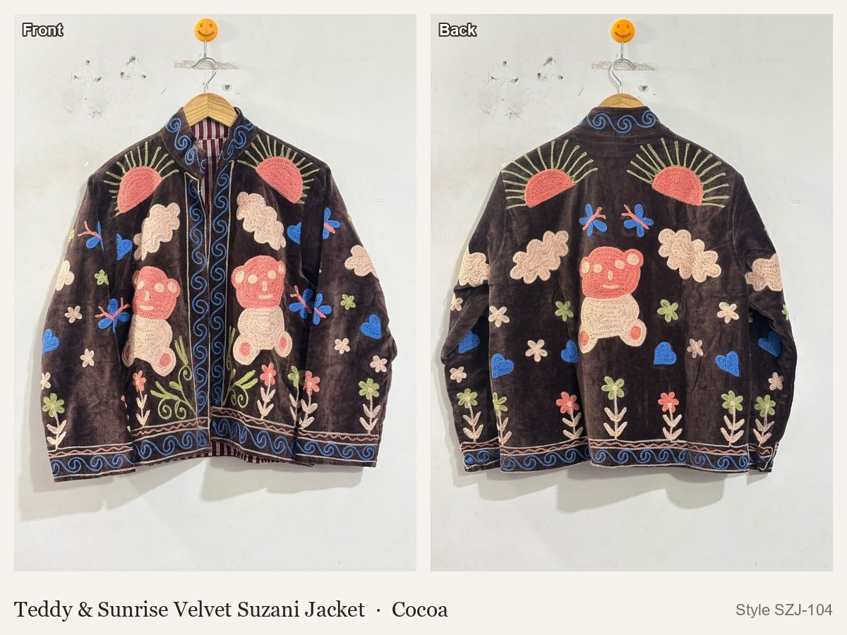 Teddy & Sunrise Velvet Suzani Jacket in Cocoa, front and back