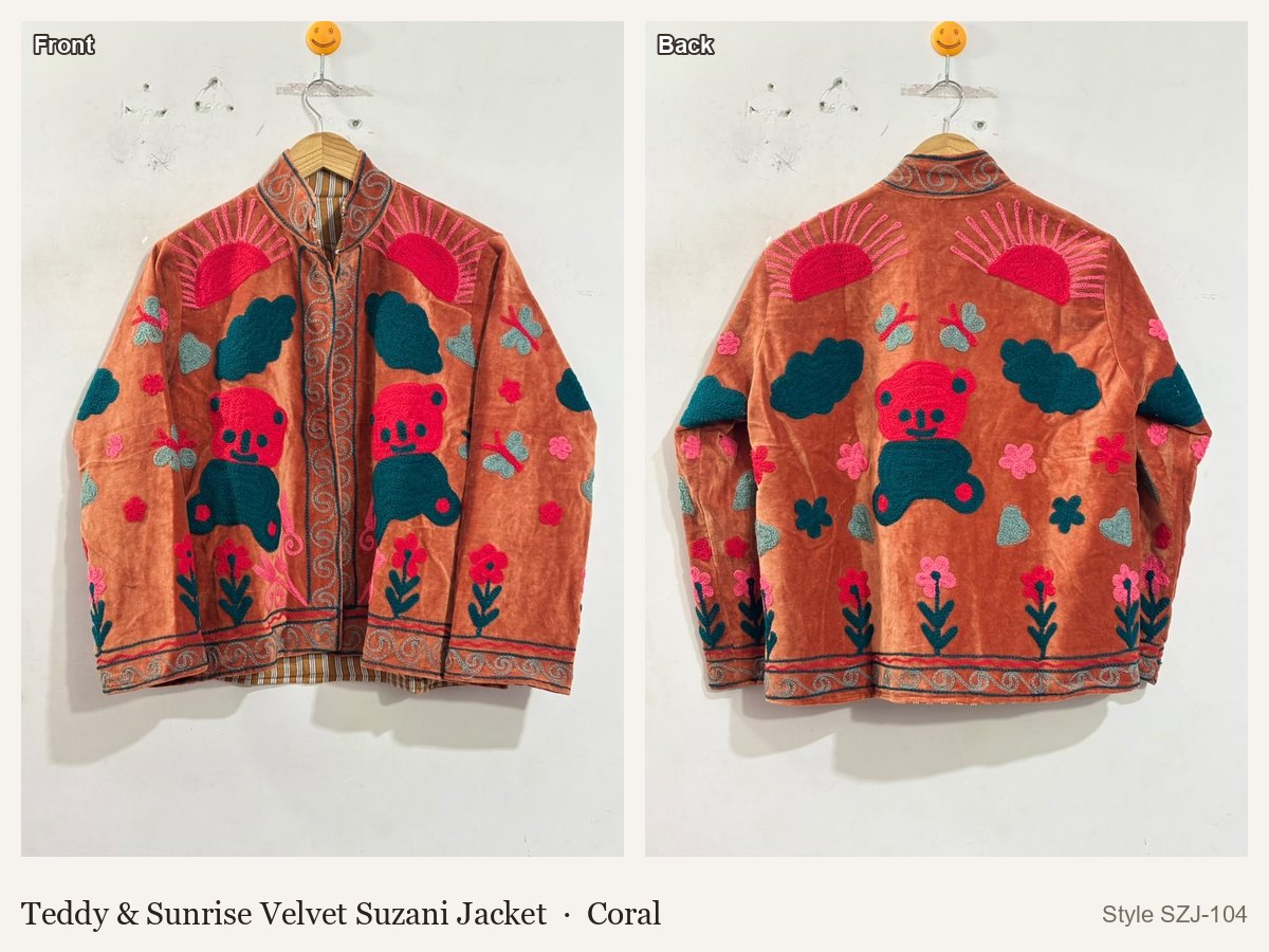 Teddy & Sunrise Velvet Suzani Jacket in Coral, front and back
