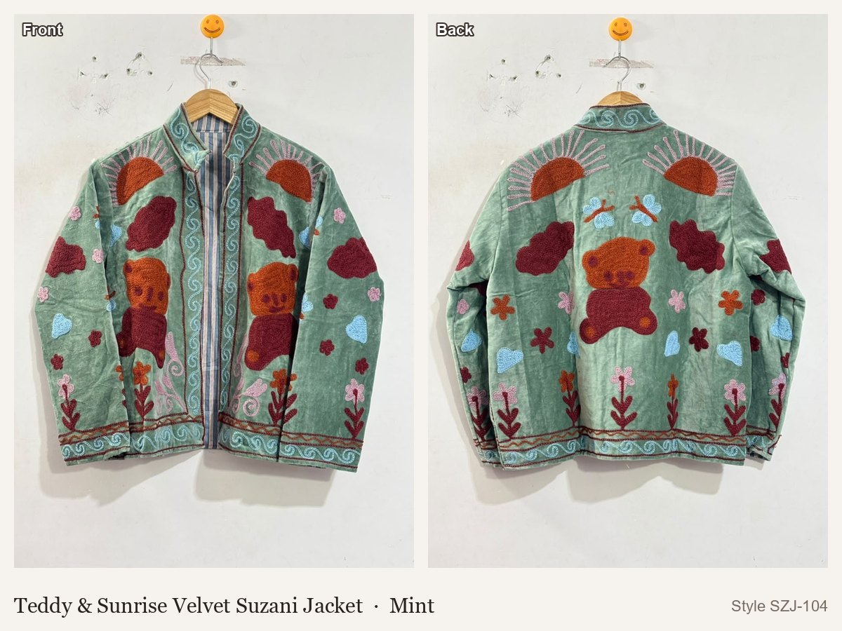 Teddy & Sunrise Velvet Suzani Jacket in Mint, front and back