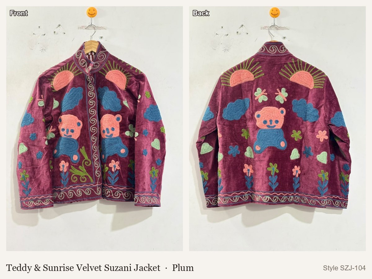 Teddy & Sunrise Velvet Suzani Jacket in Plum, front and back