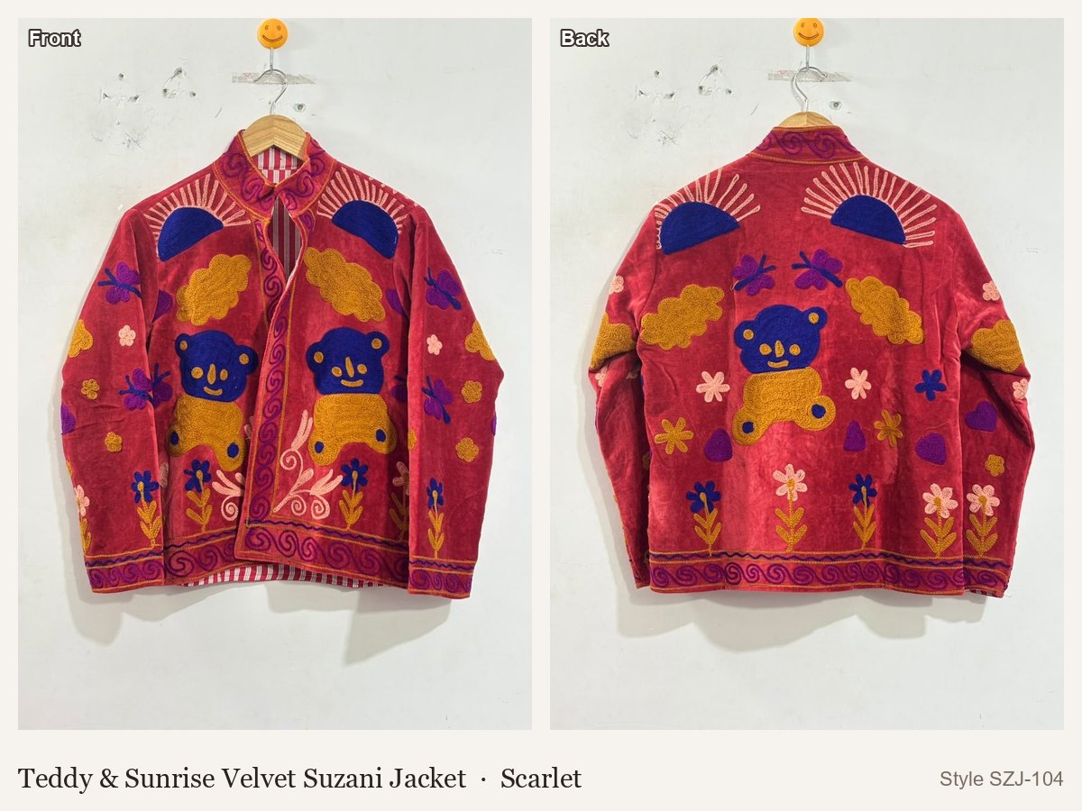 Teddy & Sunrise Velvet Suzani Jacket in Scarlet, front and back