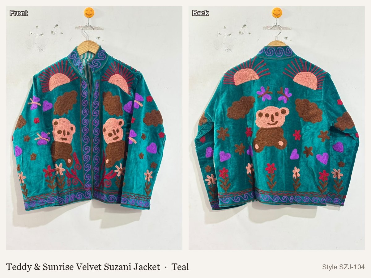 Teddy & Sunrise Velvet Suzani Jacket in Teal, front and back