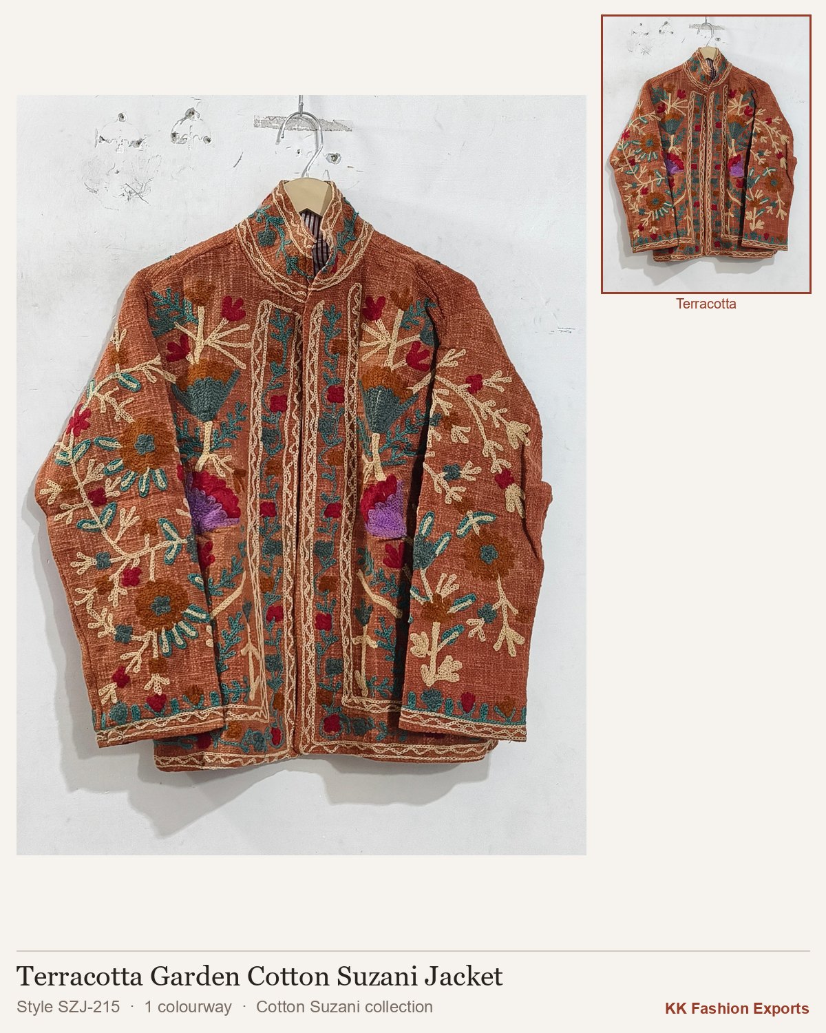 Terracotta Garden Cotton Suzani Jacket, style SZJ-215, shown in 1 colourways
