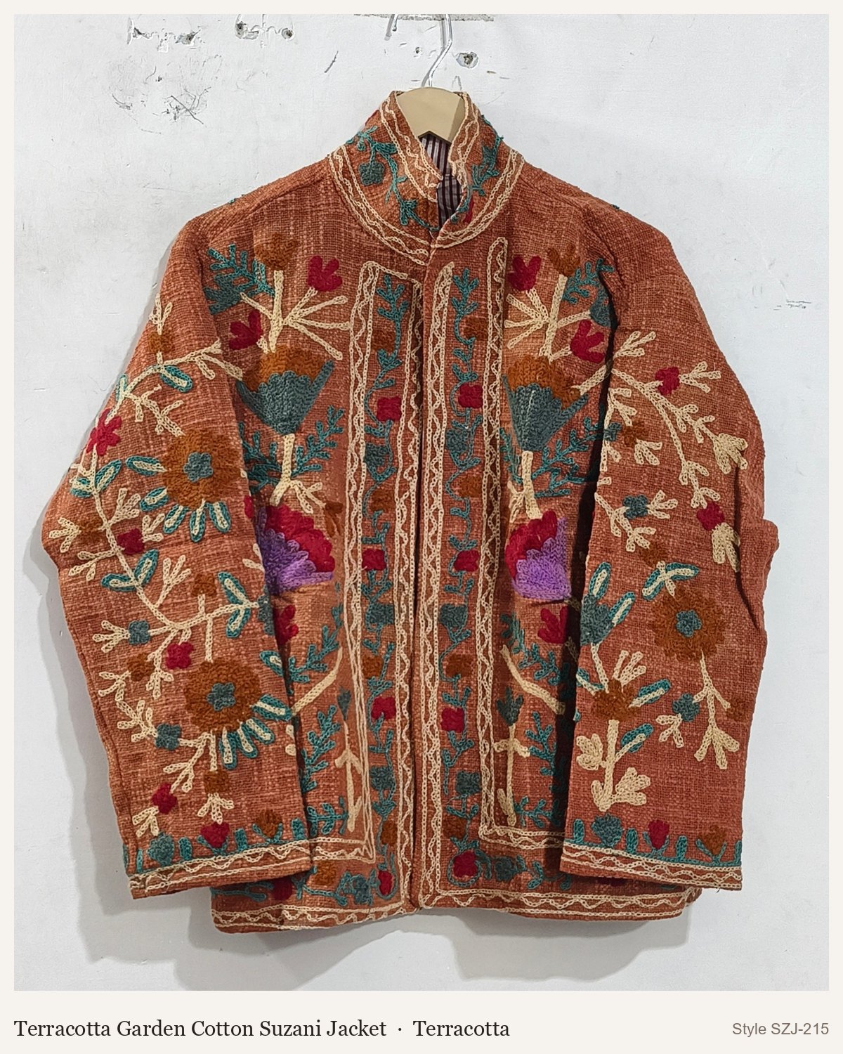 Terracotta Garden Cotton Suzani Jacket in Terracotta, front and back