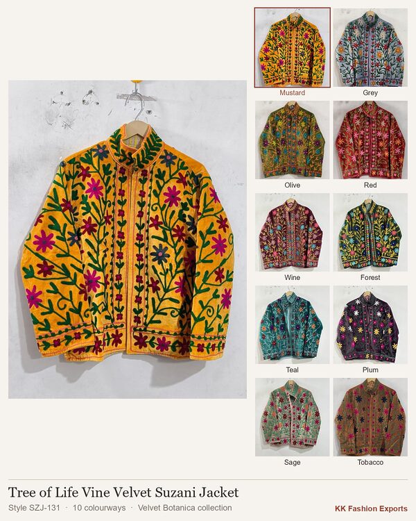 Tree of Life Vine Velvet Suzani Jacket, style SZJ-131, shown in 10 colourways