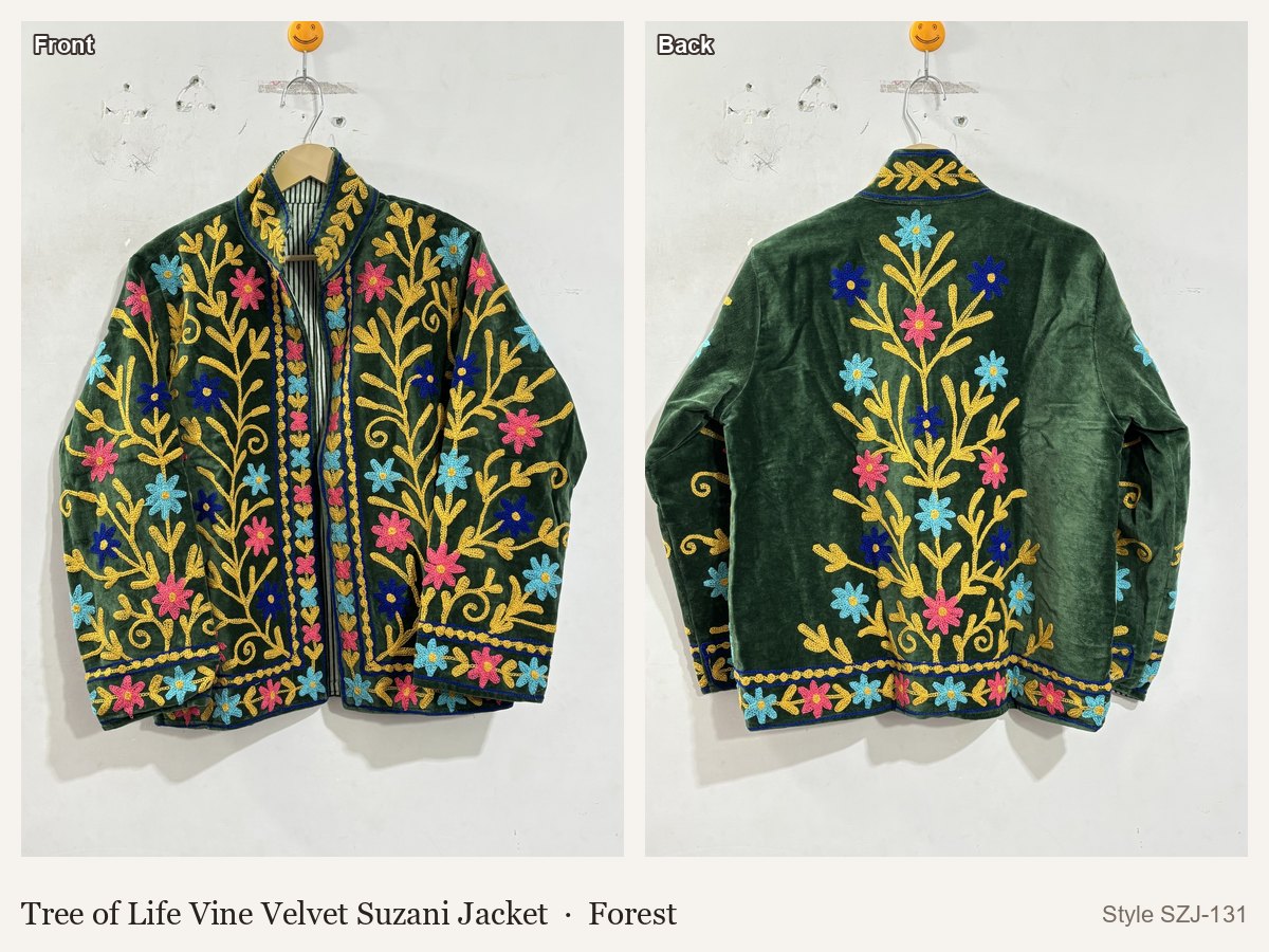 Tree of Life Vine Velvet Suzani Jacket in Forest, front and back