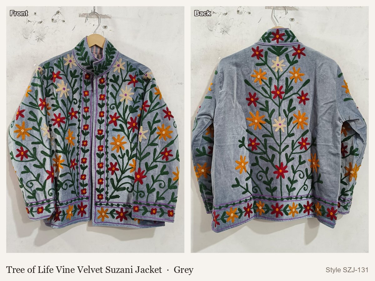 Tree of Life Vine Velvet Suzani Jacket in Grey, front and back
