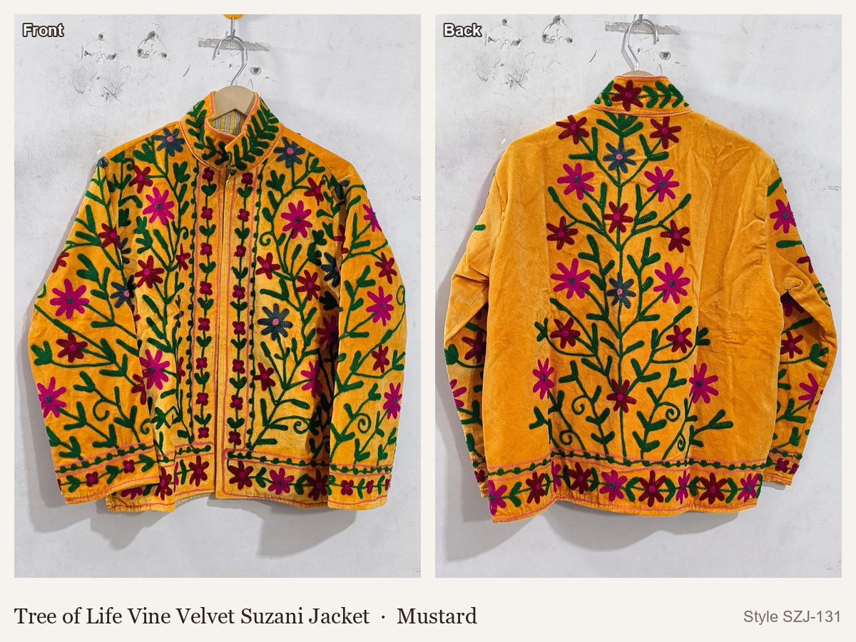 Tree of Life Vine Velvet Suzani Jacket in Mustard, front and back