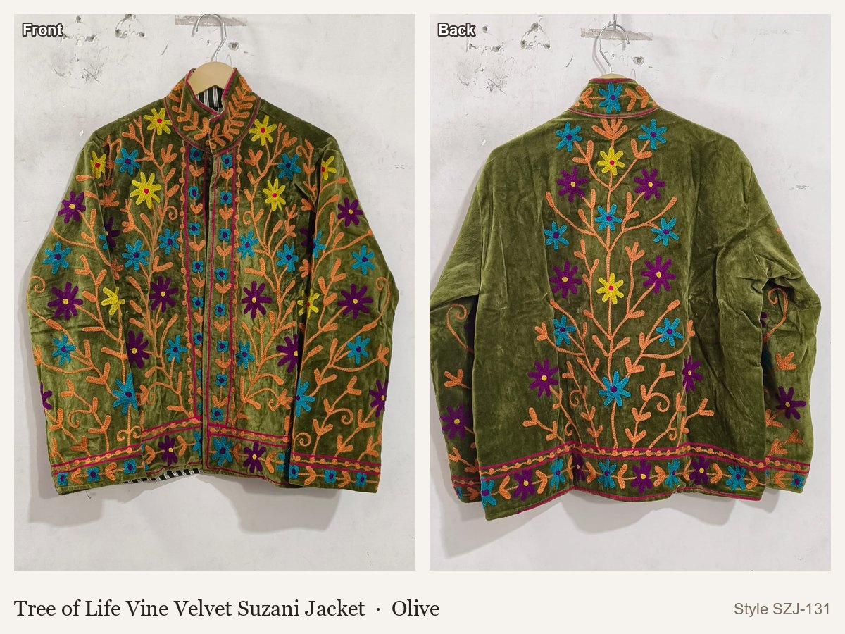 Tree of Life Vine Velvet Suzani Jacket in Olive, front and back