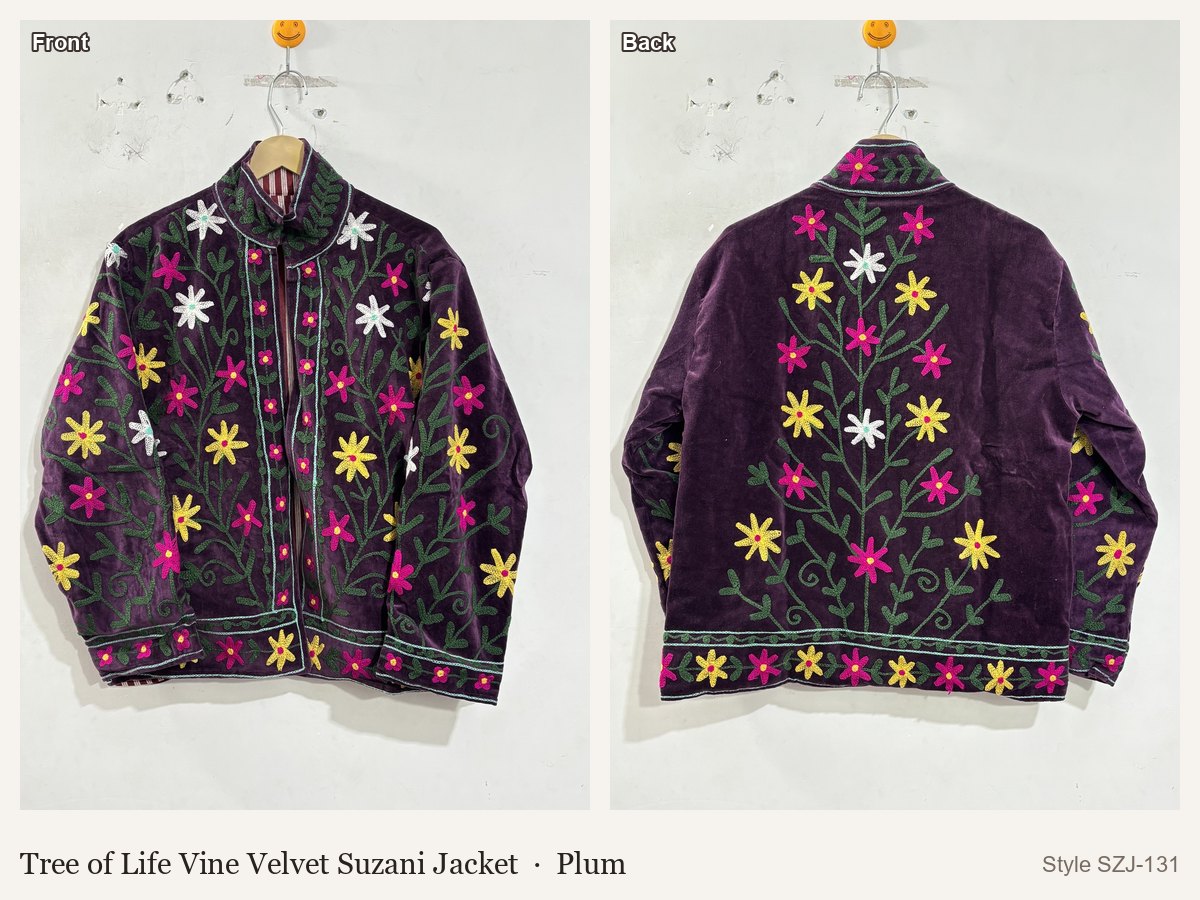Tree of Life Vine Velvet Suzani Jacket in Plum, front and back