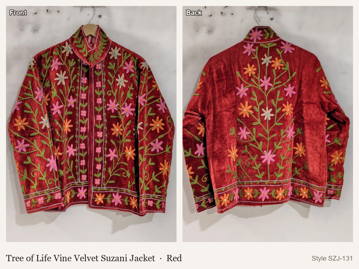 Tree of Life Vine Velvet Suzani Jacket in Red, front and back