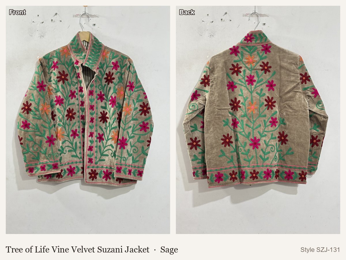 Tree of Life Vine Velvet Suzani Jacket in Sage, front and back