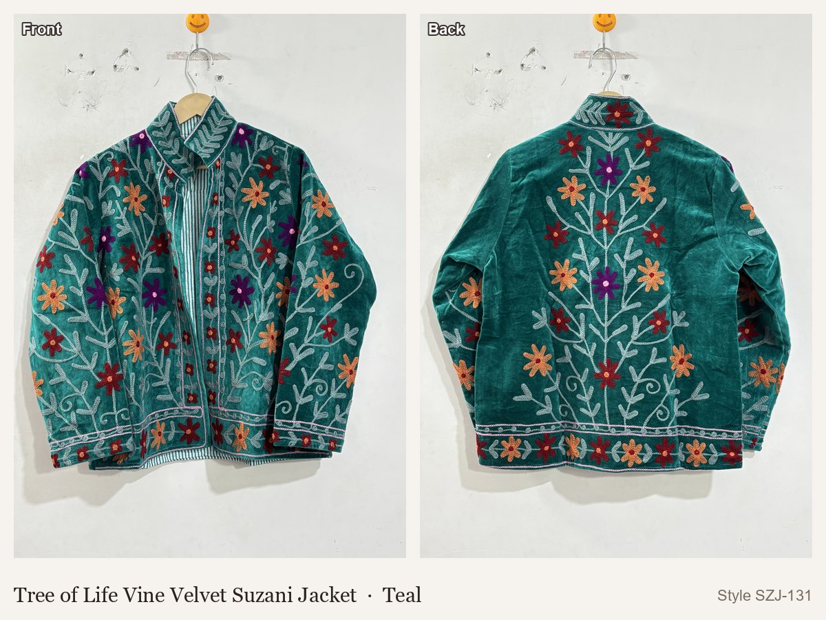 Tree of Life Vine Velvet Suzani Jacket in Teal, front and back