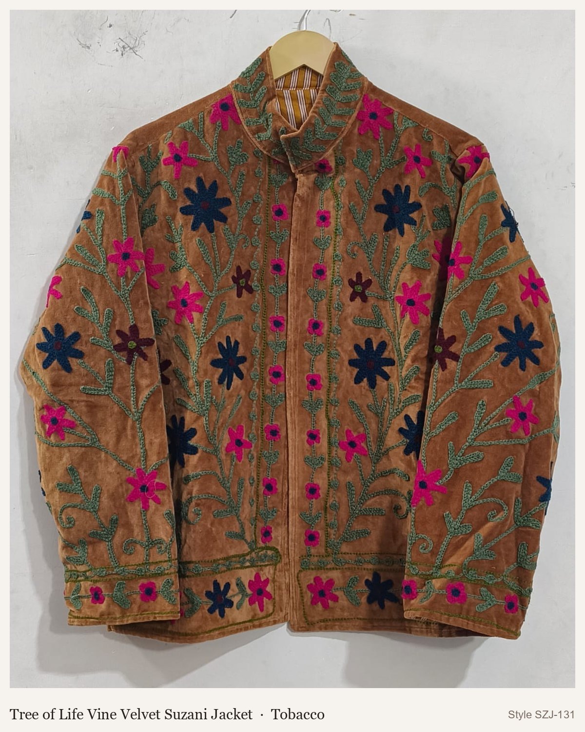 Tree of Life Vine Velvet Suzani Jacket in Tobacco, front and back