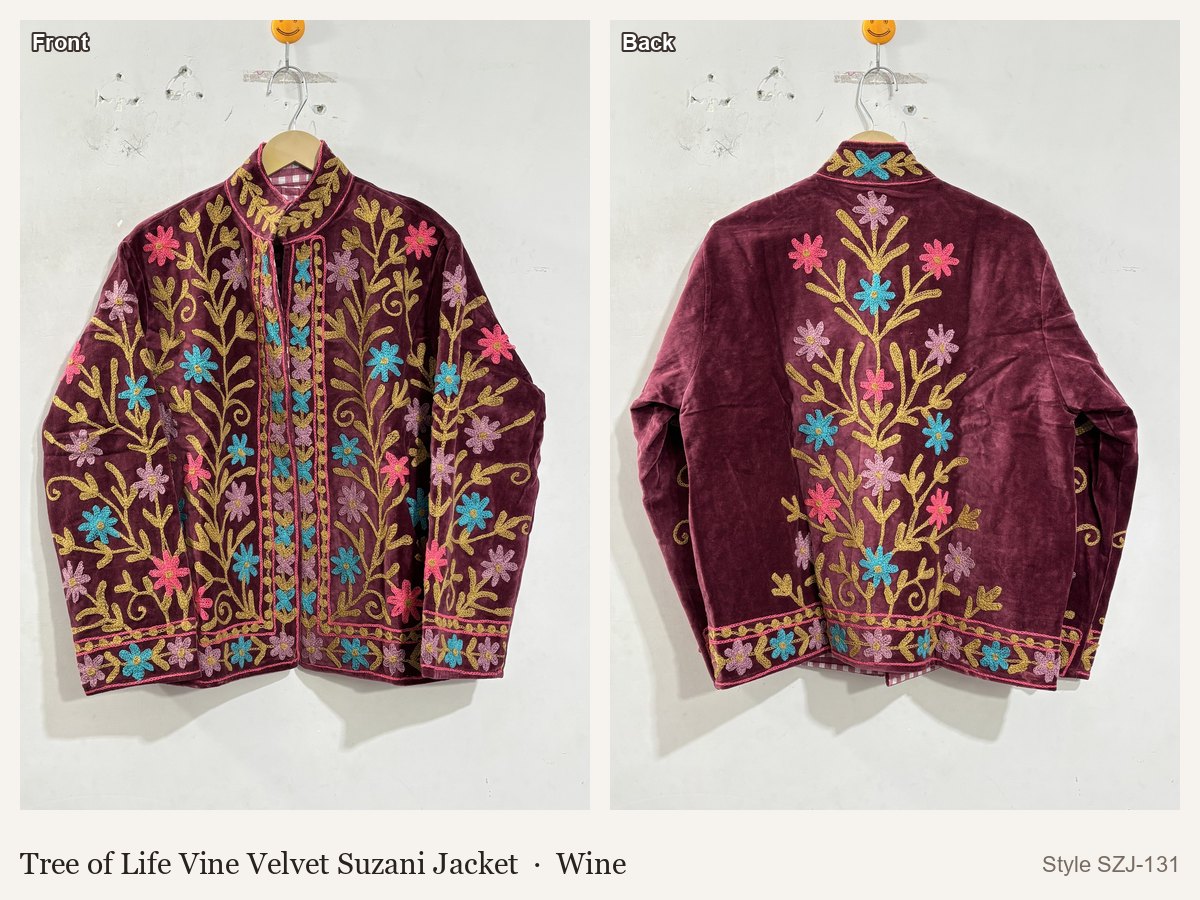 Tree of Life Vine Velvet Suzani Jacket in Wine, front and back