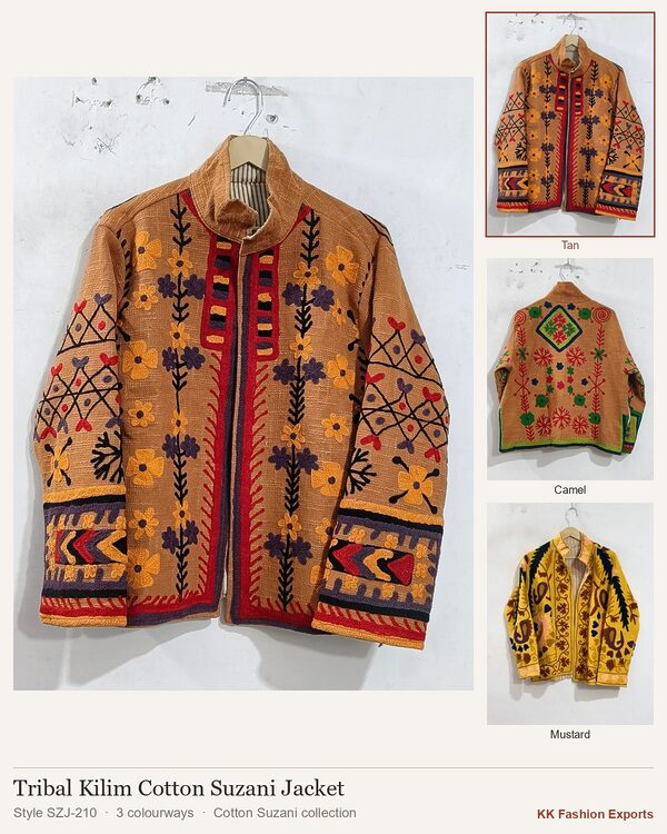 Tribal Kilim Cotton Suzani Jacket, style SZJ-210, shown in 3 colourways