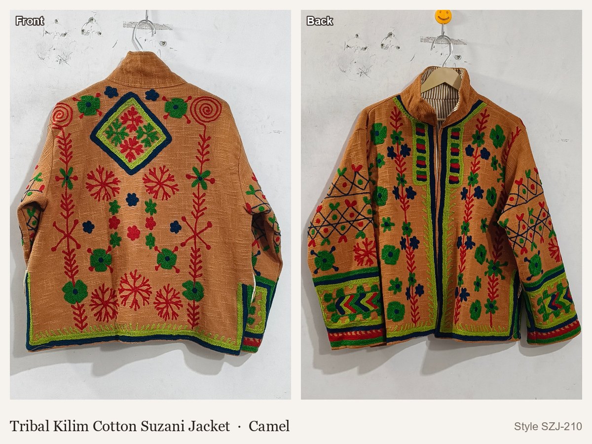 Tribal Kilim Cotton Suzani Jacket in Camel, front and back